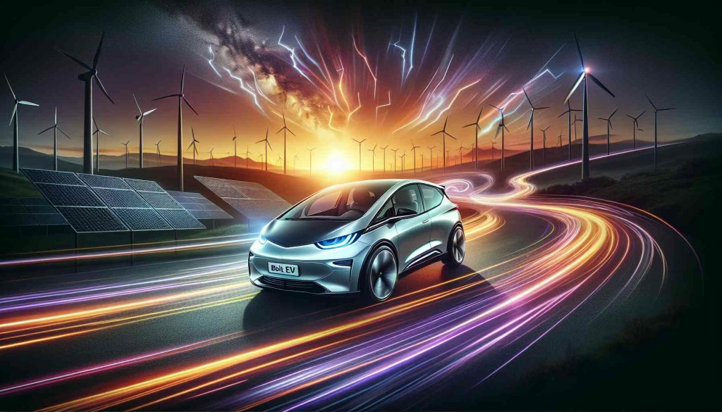 A dynamic depiction of a modern electric car journeying down a winding road, radiating the energy of innovation and transformation. The car is named 'Bolt EV' and is painted in shiny silver, with sleek aerodynamic design features. The scene setting is at dusk, with percussive streaks of orange and purple in the sky, and a backdrop of silhouettes of windmills and solar panels on the horizon symbolizing renewable energy. The road is trailing off into the distance, conveying a sense of an exciting journey towards a sustainable future.