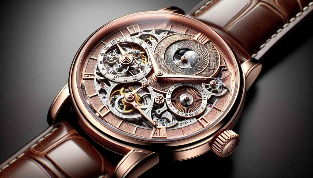 Generate a detailed, high-definition image showing a close examination of a luxurious, rose gold wrist-watch bearing intricate design. The focus should be on the various dials and mechanisms visible on the watch's face, which includes a date display, a day display, an month display, and a moon phase display. The watch should have a beautiful radial pattern on a silvery dial that blends into a sunburst pattern on the outer circumference. A brown leather strap accentuates the elegance of the watch.