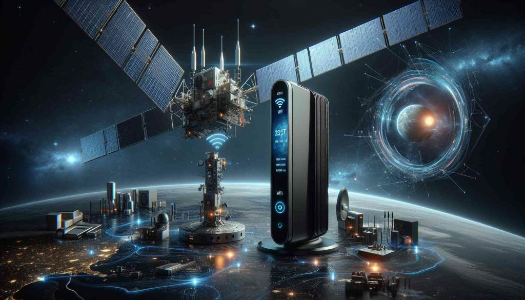 A highly detailed, realistic image depicting the latest Wi-Fi 6 router launched by a fictitious commercial space company for its satellite internet service users. The router should be top-of-the-line, sleek, and modern in design, symbolizing advanced connectivity options. Surrounding it, there are visually appealing elements such as data streams and futuristic technology components. In the background, subtly implied, is the company's satellite cluster in low Earth orbit, showing the source of the network signal.