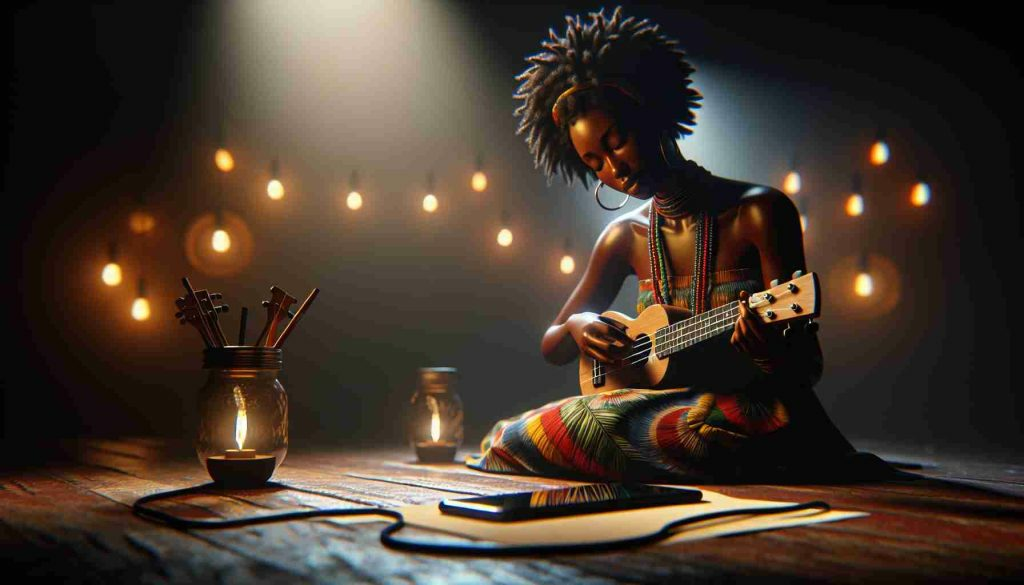 A realistic, high-definition image that represents the underlying message from the song 'Phone Down'. Depict a scene where a woman of African descent with a bold, eclectic style is playing soulful notes on a ukulele. Include symbolic elements such as a smartphone lying idle on a table, low light ambient setting and an atmosphere of enchanting yet confident solitude.