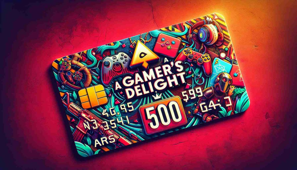 A highly detailed and realistic image of a gaming-themed gift card, decorated with elements related to video game culture. The card's value says 500 ARS. The color scheme should be vibrant and eye-catching, featuring sharp contrasts for an HD effect, making it look both appealing and trendy. The words 'A Gamer's Delight' prominently displayed on the card eluding its purpose.