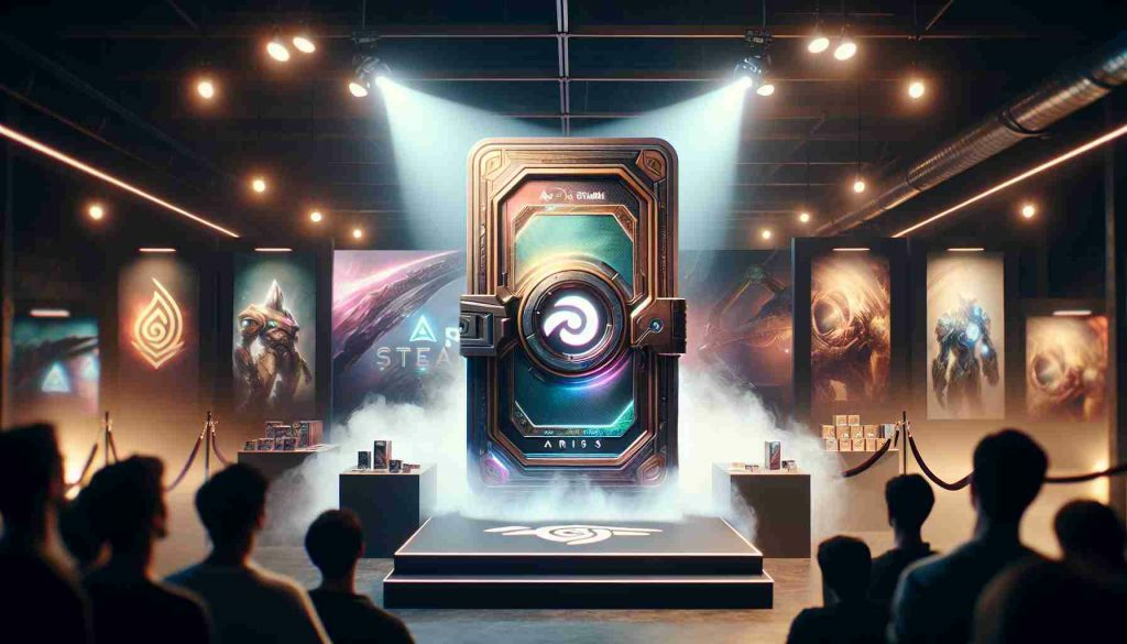 A realistic high-definition image of an event unfolding. The main focus is the unveiling of a fictional gaming portal card called 'ARS Steam' capturing the excitement and anticipation. The card is beautifully designed with metallic tones and hued accents. The backdrop is gaming-themed, with other gaming merchandise subtly placed. Around the card, there is a soft light creating a dramatic effect and onlookers awestruck by this new entry into the gaming world.