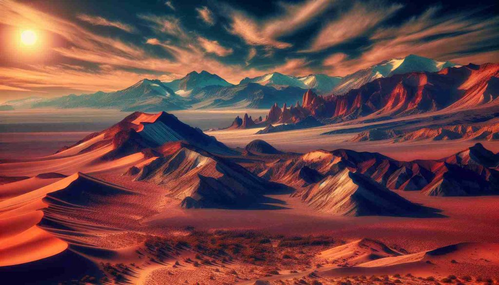 Generate a high-definition image showing the environment of the Argentine desert. This image should involve the discovery of some intriguing elements that can potentially offer insights into early life forms and conditions similar to that of Mars. The distinctiveness of the desert should be emphasized, showcasing its barrenness, the arid, reddish landscape, and the uniqueness of its geological features such as rugged sedimentary rocks, extensive sand dunes, and sparse scrub vegetation.