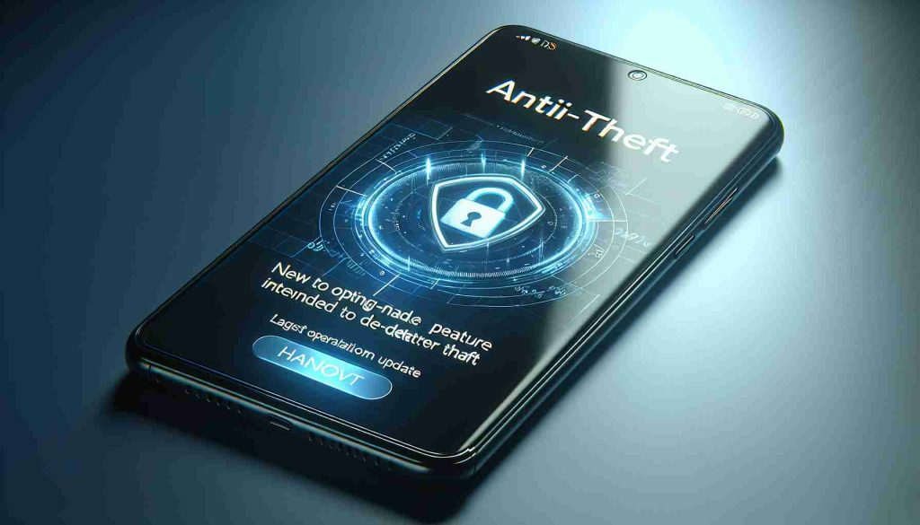 Render an HD image of a smartphone showcasing a new, cutting-edge feature intended to deter theft. The phone screen displays the interface of the latest operating system update, indicating the activation of the anti-theft system. The operating system should reflect advanced technology and innovation. The background should be simple, emphasizing the smartphone and its remarkable new feature.