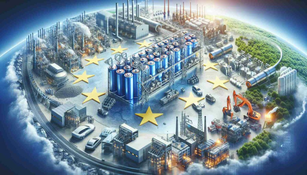 Generate a realistic high-definition image that provides a visual representation of the new initiative aimed to bolster Europe's battery material supply chain. The focus should be on various links of the chain, from extraction of raw materials such as lithium and cobalt, to production facilities, to factories where the final products such as electric car batteries are assembled. Include visual symbols of Europe, such as flags or geographical landmarks in the background.