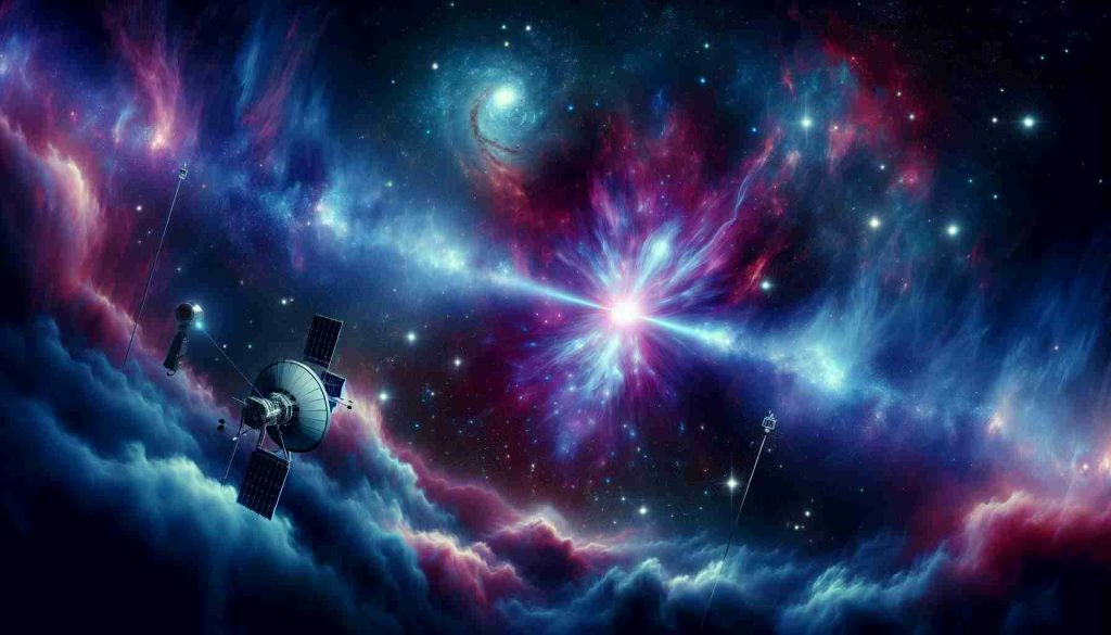 Create a realistic high-definition image depicting the intriguing scene of an unexpected gamma-ray signal detected from the cosmos beyond our galaxy. The scene should be steeped in mystery and wonder, showcasing brilliant hues of blues, purples, and pinks as representational elements of the gamma-ray signal. Stars, galaxies, and nebulae scatter across the cosmic canvas, providing contrasting forms and colors to portray the vastness of the universe. From the viewpoint of a space satellite, show the fascinated detection of the gamma-ray.