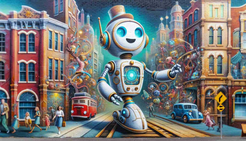 Realistic high-definition photograph of a vibrant urban mural featuring a delightful, whimsical robot portrayed amidst a narrative scene. The robot exudes joy and happiness, becoming an iconic symbol in a fictitious city, reminiscent of Augusta. Include intricate details that showcase the robot's characteristics and the exciting narrative surrounding it.