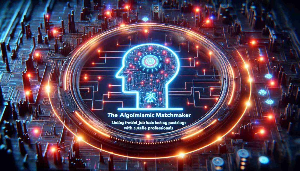 Render a realistic, high-definition depiction of the concept titled 'The Algorithmic Matchmaker'. Visualize the intersection of freelance work and artificial intelligence, possibly hinting towards a revolutionary edge in the freelance field. Possible elements could include a symbolic representation of an AI system linking freelance job postings with suitable professionals, glowing data trails, and a futuristic cybernetic indicator. However, avoid materializing any specific individual or real-life freelance platform.