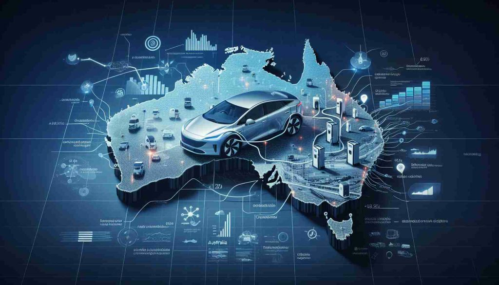 Generate a high-definition, realistic image representing the dynamics of the emerging electric vehicle market in Australia, including various challenges. It could include a map of Australia marked with key locations for electric vehicle infrastructure like charging stations, overlaid with lines and arrows representing market trends and influences. There may also be visual representations of challenges like remote areas with large distances between charging stations, regulatory issues, and pricing. Incorporate infographics or data visualizations in the image to better articulate these dynamics.