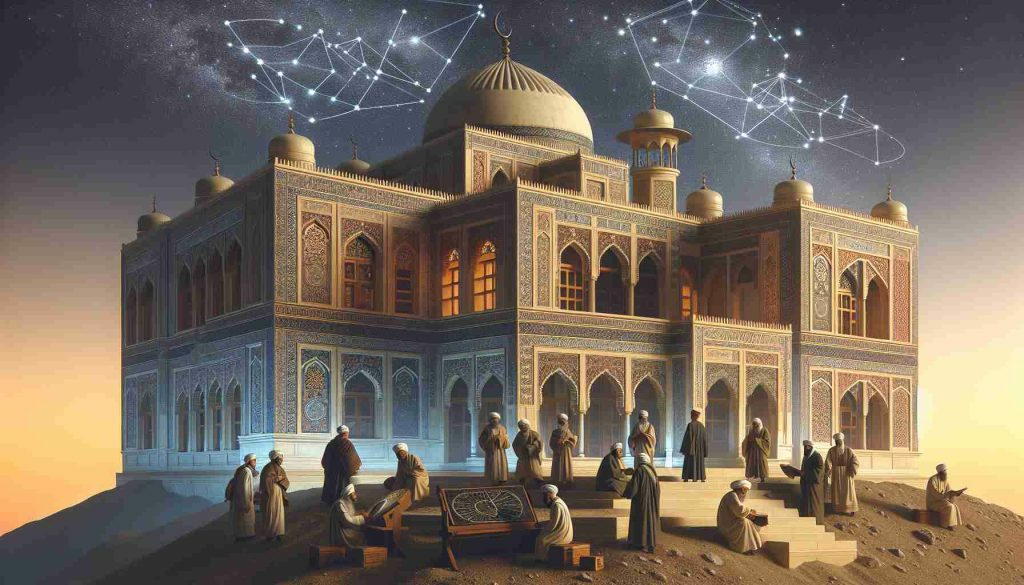 Generate a realistic HD image of an ancient Middle-Eastern structure known as the House of Wisdom. Show it set over a backdrop of a clear, star-filled night sky. The House should have elegant architectural designs that showcase early Arab and Muslim culture. Depict scholars from different descents such as Caucasian, Black, Hispanic, Middle-Eastern, South Asian, working on and observing celestial bodies, displaying the history of early Arab and Muslim astronomers.