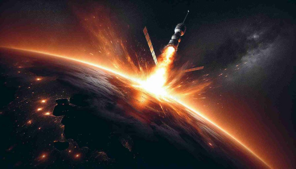 Generate a realistic HD photo of a historic space event: The reentry of a European Space Agency's satellite. This detailed image should capture the moment right before the fiery reentry occurs, with the satellite visibly nearing the Earth's atmosphere. The stinting glow of reentry has just started, painting an intense image against the backdrop of the dark universe.
