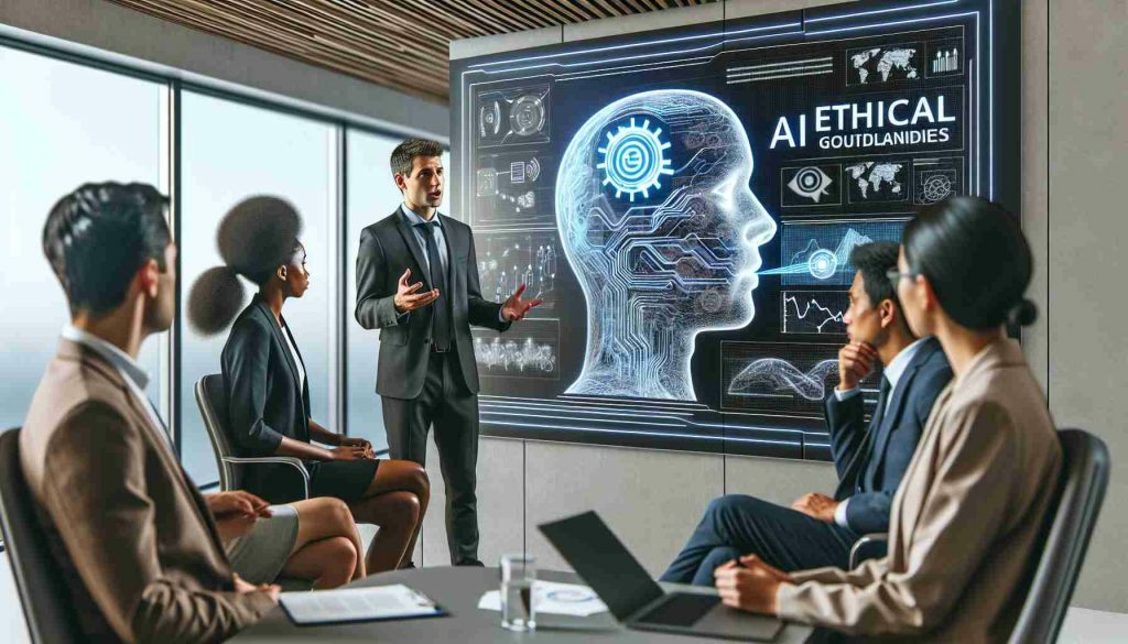An ultra high-definition image conveying a scenario where a Caucasian male venture capitalist is fervently advocating for stronger ethical guidelines in the field of Artificial Intelligence. He is engaged in a thought-provoking discussion with a panel that includes a Black female AI researcher, a Middle-Eastern male lawyer specialized in technology law and a South Asian female policy-maker. The background hosts a minimalist, modern office environment with diagrams and notes on a smart board, painting a picture of technological advancement and intricate deliberations about the future.