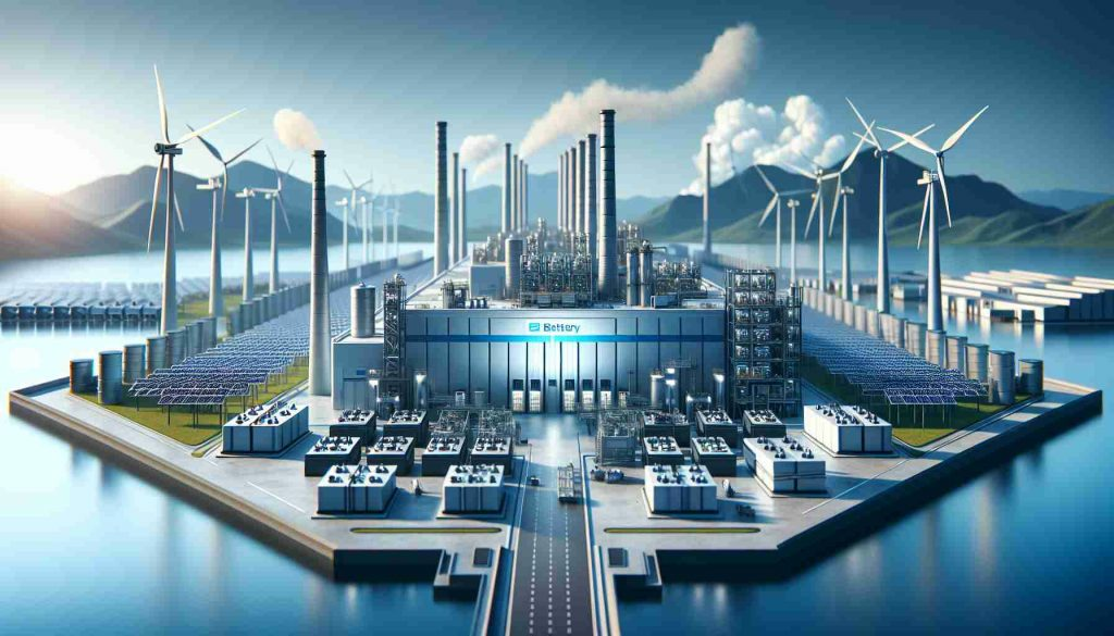 An ultra-high definition, realistic depiction of Europe's flourishing battery industry, signified by large, modern factories with wind turbines and solar panels symbolizing clean energy. The focal point of the scene is advanced machinery, manufacturing batteries with a big sign bearing the word 'Vianode' on it, representing their sustainable technology.