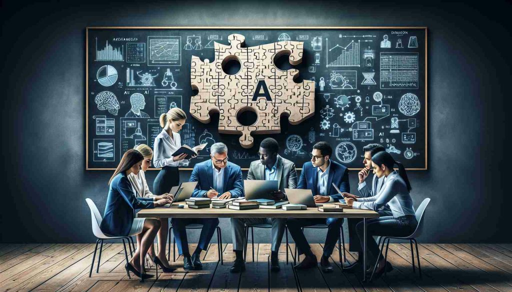 A high-definition, realistic image illustrating the concept of scrutinizing the dilemma of artificial intelligence in the context of academic integrity. This could include a scene of a diverse group of individuals comprising of a Caucasian woman, a Black man, a South Asian woman, and a Middle Eastern man, all sitting around a table filled with books, laptops, and papers, trying to negotiate a large puzzle piece symbolizing AI. Behind them, a chalkboard with charts, equations, and diagrams regarding AI use in academics.