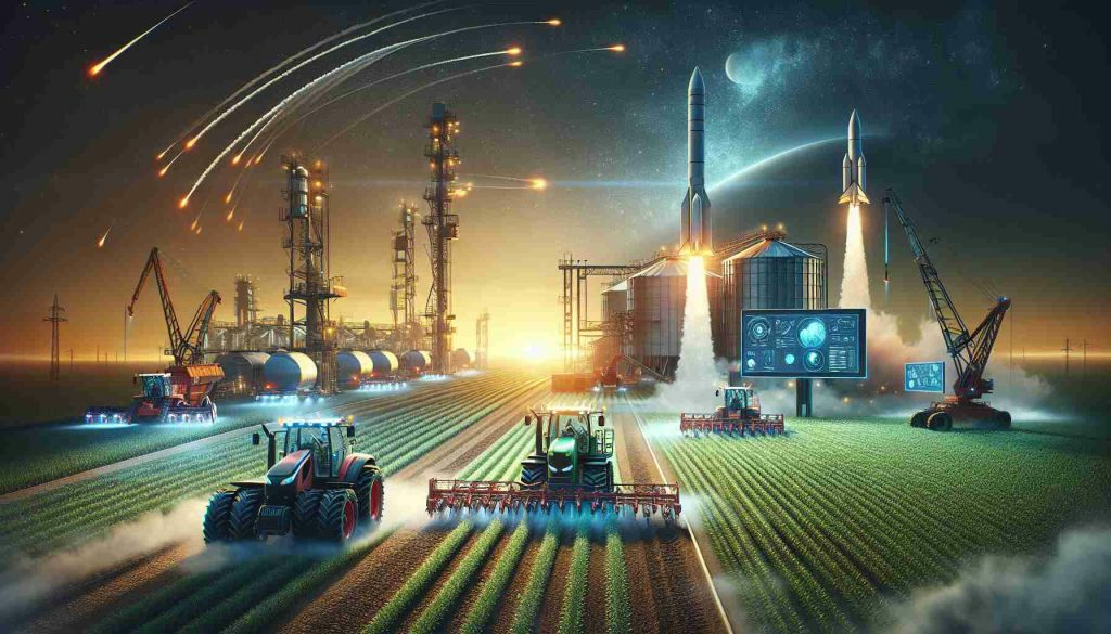 High-definition, realistic image showcasing advancement in agriculture: Illustration of a partnership between a popular American manufacturing company known for its agricultural machinery and a renowned private aerospace manufacturer. Depict this through a modernized farm setting, with advanced machinery working efficiently on the field, aided by digital screens showcasing satellite data and a rocket launching in the backdrop, symbolizing the aerospace involvement.