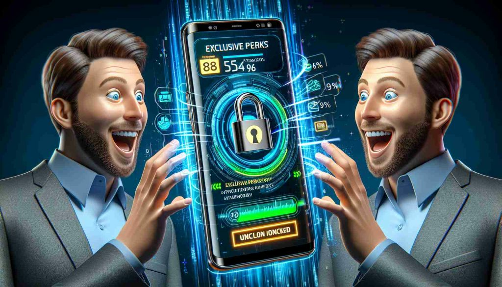 High definition, realistic image of a customer unlocking exclusive perks and features associated with purchasing a hypothetic futuristic smartphone labeled as 'Galaxy S24'. The image includes the smartphone depicted with a sleek, modern design, a vibrant, high-resolution screen displaying 'Exclusive Perks Unlocked' notification and the excited expression of the customer.