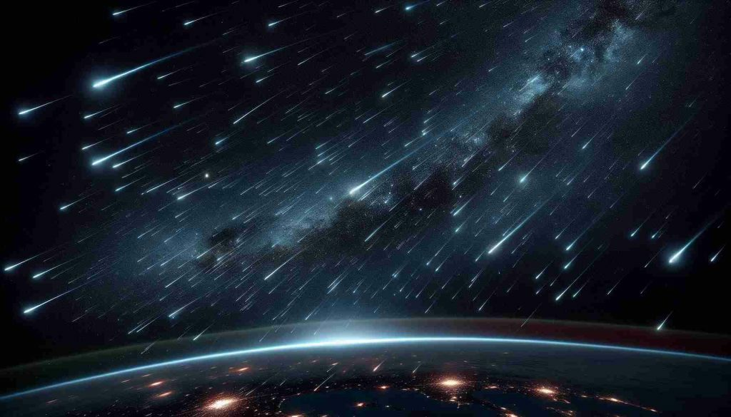 Generate an HD-quality picture illustrating the 'Night Sky Revolution', denoted by a dramatic proliferation of artificial satellites across the night sky. Show numerous, small point sources of light streaking across the dark canvas of space, representing man-made satellites. Include elements such as the glow of distant galaxies, far-off nebulae, and stars sprinkled chaotically across the sky. Additionally, illustrate the Earth's surface visible at the bottom of the image, displaying a quiet nocturnal landscape. This image should emphasize the contrast between the untouched natural cosmos and the increasing human influence in our night sky.