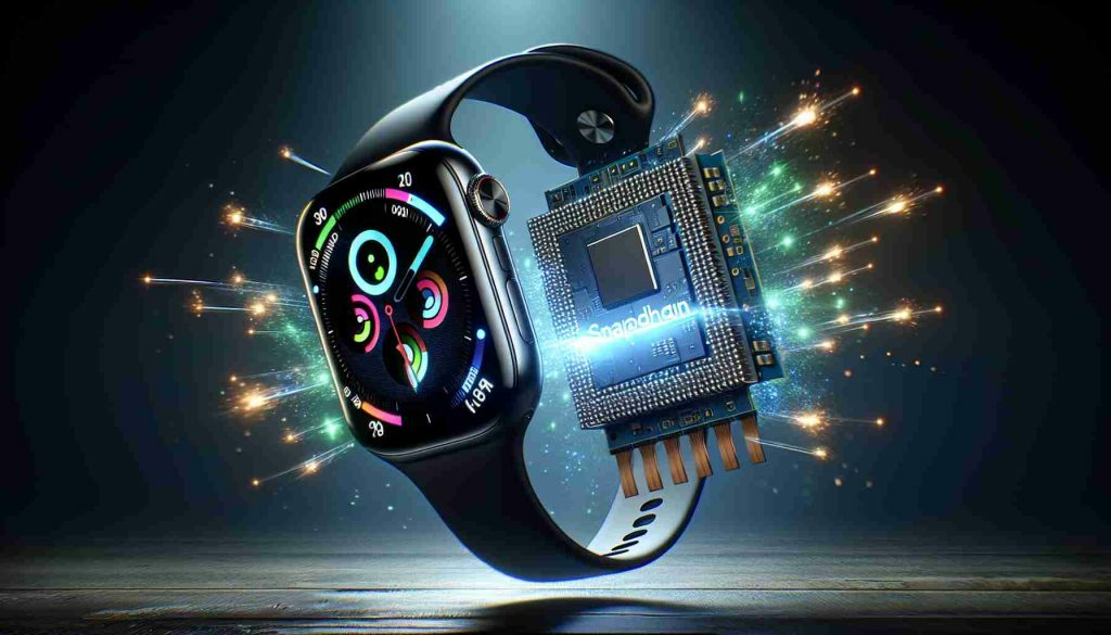Generate a high-definition realistic photo of a second-generation smart watch from a renowned tech company, featuring an advanced Snapdragon chipset. The smart watch should be shown in an unveiling like scenario with all of its notable features, including its sleek design, digital interface, and the prominent presence of the advanced chipset.