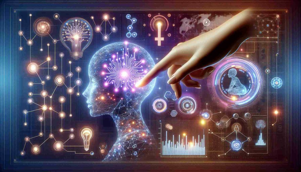 Create a realistic, high-quality image showcasing an imaginative concept that symbolizes the rise of feminine insight in AI-driven marketing horizons. Depict AI technology through futuristic elements such as intricate networks, glowing nodes, algorithms or neural networks, and integrate symbols of femininity such as an elegant hand delicately manipulating the system or soft color gradients laid over the tech elements. The portrayed scene should also suggest marketing field through elements like bar charts, world maps with data points, or consumer profiles. The image should intuitively express a balanced blend of feminism, artificial intelligence, and marketing.