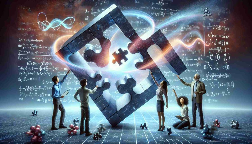 A realistic high-definition image that visualizes the abstract concept of 'Cracking the Quantum Puzzle'. Perhaps there could be a large, hovering puzzle in the shape of a quantum wave function or quantum mechanics symbol — like Schrödinger's equation. Nearby, a group of diverse physicists — one Asian female, one Middle-Eastern male, and one Caucasian male — are collaborating on solving it. They could be reaching up to fit different pieces, representing key quantum physics concepts, into the puzzle.