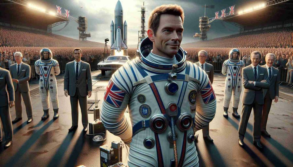 High definition realistic image of United Kingdom initiating its first independent space mission. Picture should illustrate a scene with a spacecraft ready to launch into space, with accompanying crew members. Among them should be one central astronaut resembling a middle aged, fit Caucasian man with short hair. Please omit any specific name or recognizable facial features. Emphasize the excitement and importance of the event, with crowds of people watching from a distance and cheering, and press reporters with their cameras.