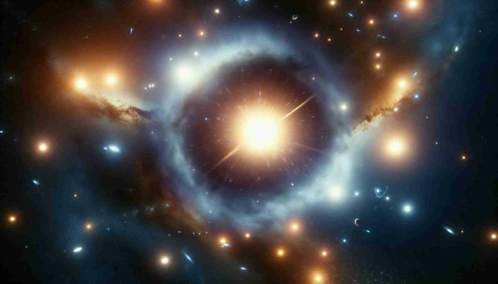 Create a high-definition, realistic image of a scene in outer space, focusing on the most luminous quasar in the universe. The quasar should be depicted emitting a strong, radiant light amidst the cosmic expanse, illuminating nearby celestial bodies. The stars and galaxies surrounding the quasar should be vividly and accurately portrayed, demonstrating the astronomical titan's dominance and influence in the universe.