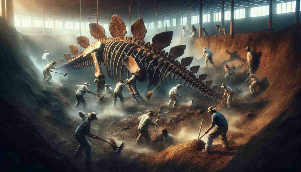 Create a highly detailed and realistic photo of a newly discovered species of Stegosaurus being unveiled by paleontologists. The image should involve the scene of an excavation site with dust-covered workers of diverse descents, both male and female, meticulously brushing earth away from the hefty skeleton of the herbivorous dinosaur. The atmosphere should be filled with anticipation and scientific fascination.