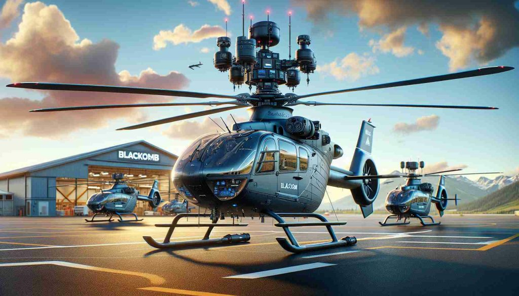 Realistic, high-definition image of a modern fleet of helicopters, all of which are identifiable as being part of Blackcomb's brand due to their unique color scheme and logo. They are equipped with cutting-edge, clearly visible monitoring systems, including high-tech sensors, cameras, and other detection devices. The sky in the background is vibrant and clear, accentuating the state-of-the-art technology on the helicopters. Spacious hangars and a neatly organized airfield are visible in the backdrop, adding depth to the imagery and conveying a sense of the size of the fleet.